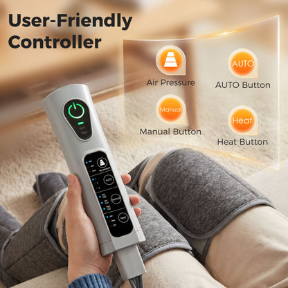Air Compression Leg Massager with Heat | 6 Airbags | 360° Full-Leg Coverage | 3 Modes | 3 Intensities | Grey