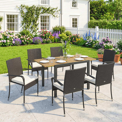 7-Piece Rattan Garden Furniture Set | 6 Seater | Extendable Acacia Wood Table 100-150cm | 6 Stackable High-Back Armchairs | Washable Cushion Covers | PE Rattan & Steel Frame | Cream