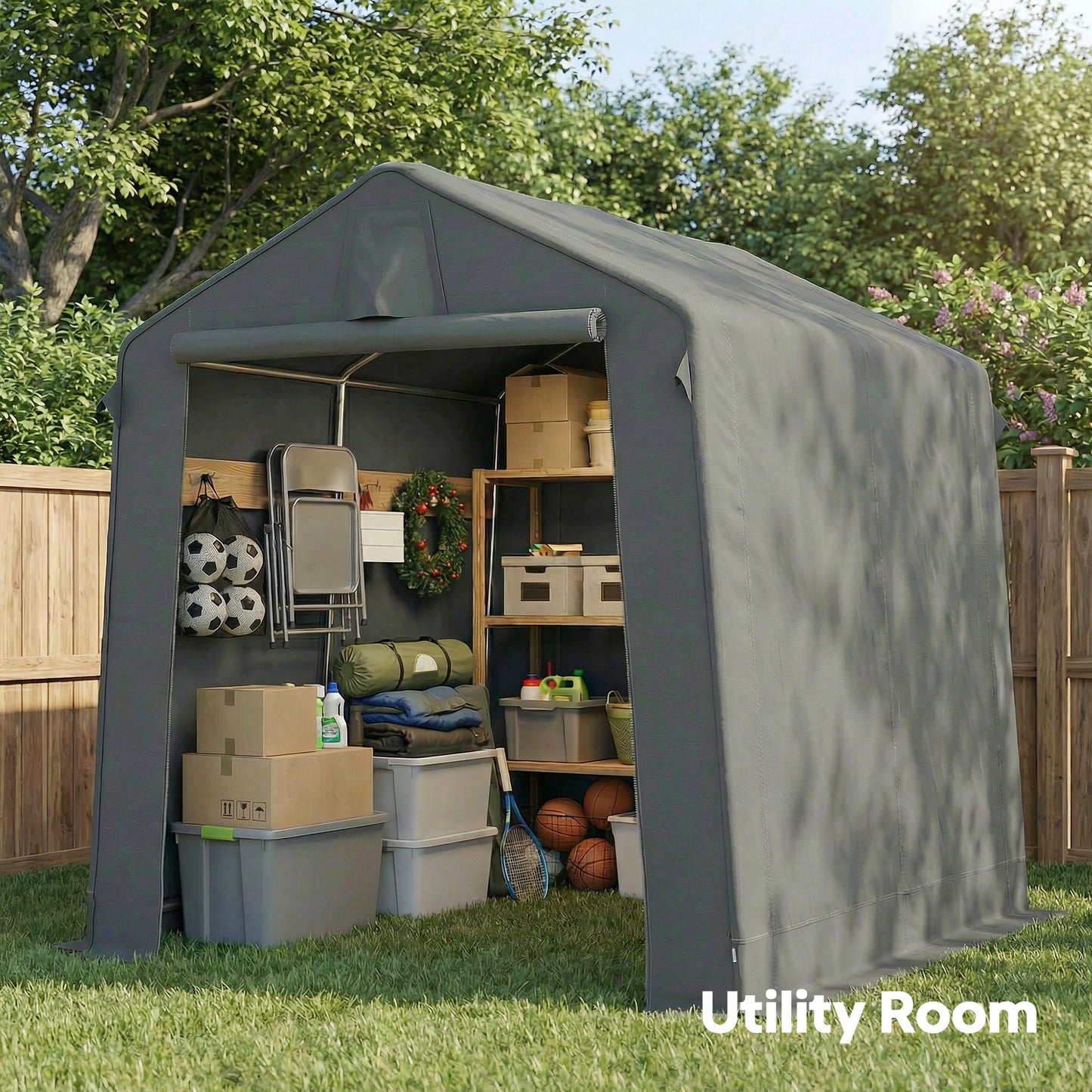 Waterproof UV30+ Polyester Bike Storage Tent | Galvanised Steel Frame | Roll-Up Double-Zip Door | Back Vent | Buckle Straps | Ground Stakes & Guy Ropes | 190x230x220cm | Dark Grey