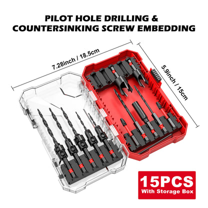 15 Piece Countersink Drill Bits Set, Tapered Drill Bits for Wood, With Phillips Screwdriver Bits, Extension Bit Shaft