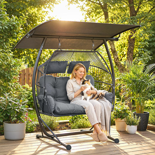 Double Hanging Egg Chair with Canopy | 2-Seater | 10cm Cushion & 2 Headrests | 240kg | Dark Grey