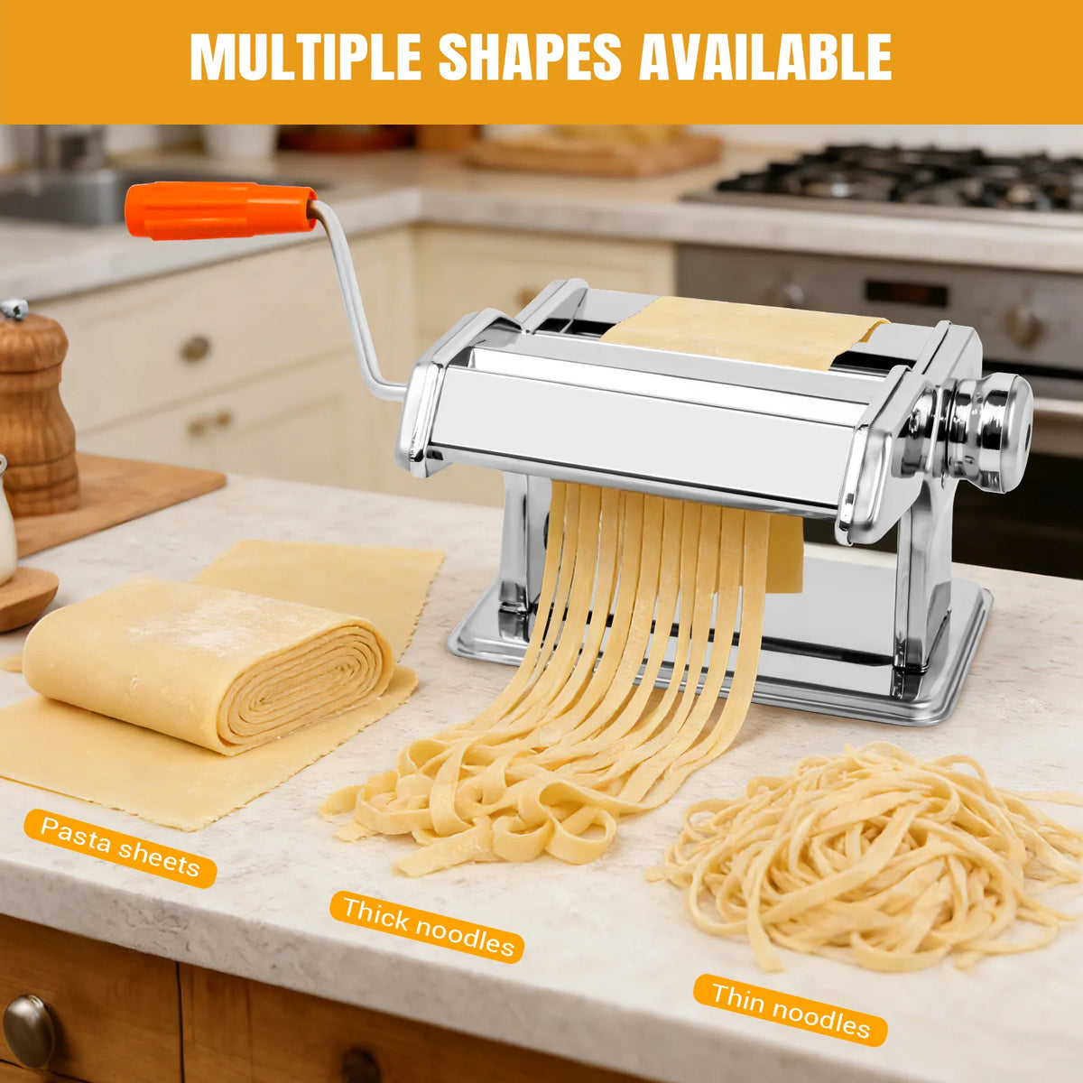 Stainless Steel Manual Pasta Maker Machine, 9 Level Adjustable Thickness Settings , for Spaghetti, Fettuccini, Lasagna, Dumpling