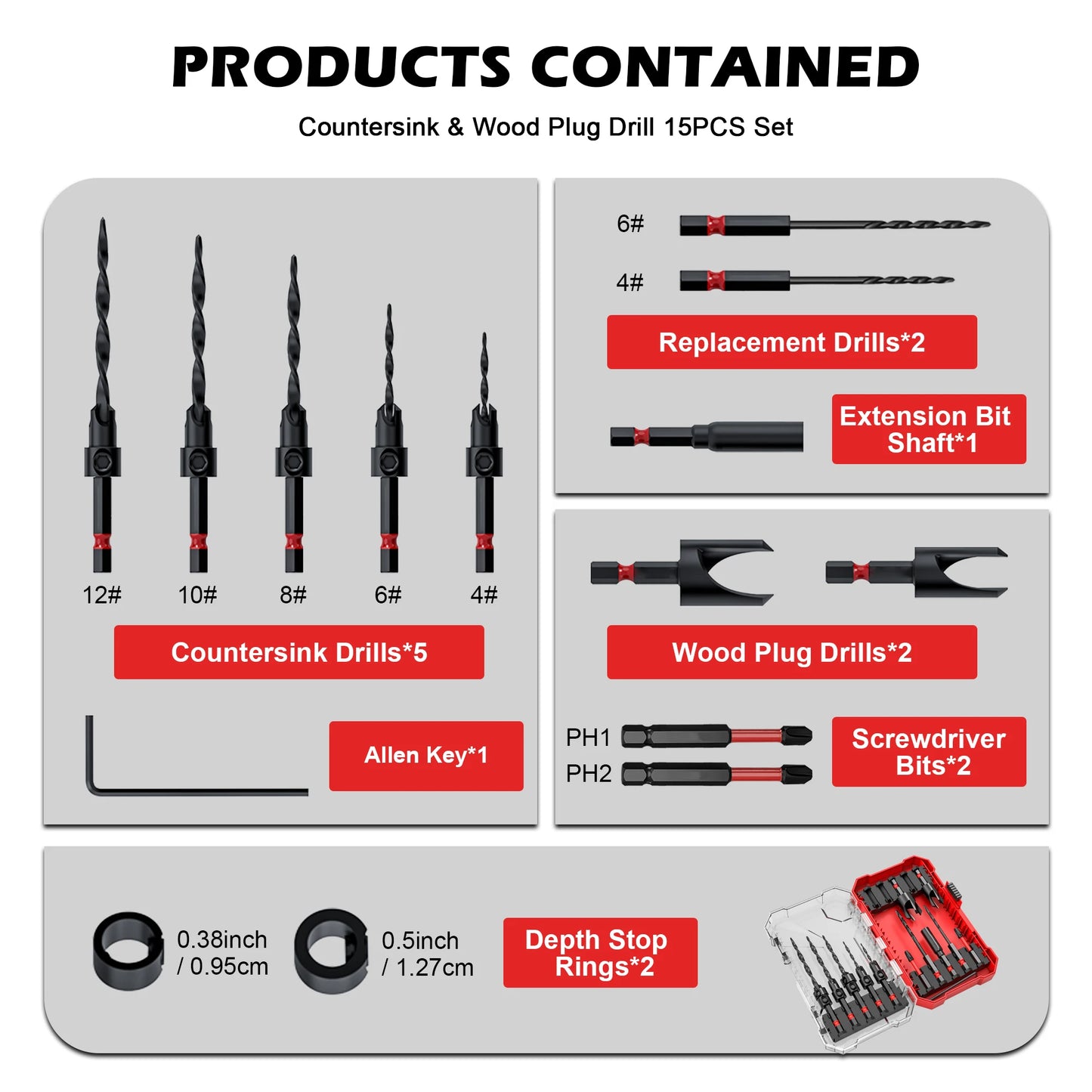 15 Piece Countersink Drill Bits Set, Tapered Drill Bits for Wood, With Phillips Screwdriver Bits, Extension Bit Shaft