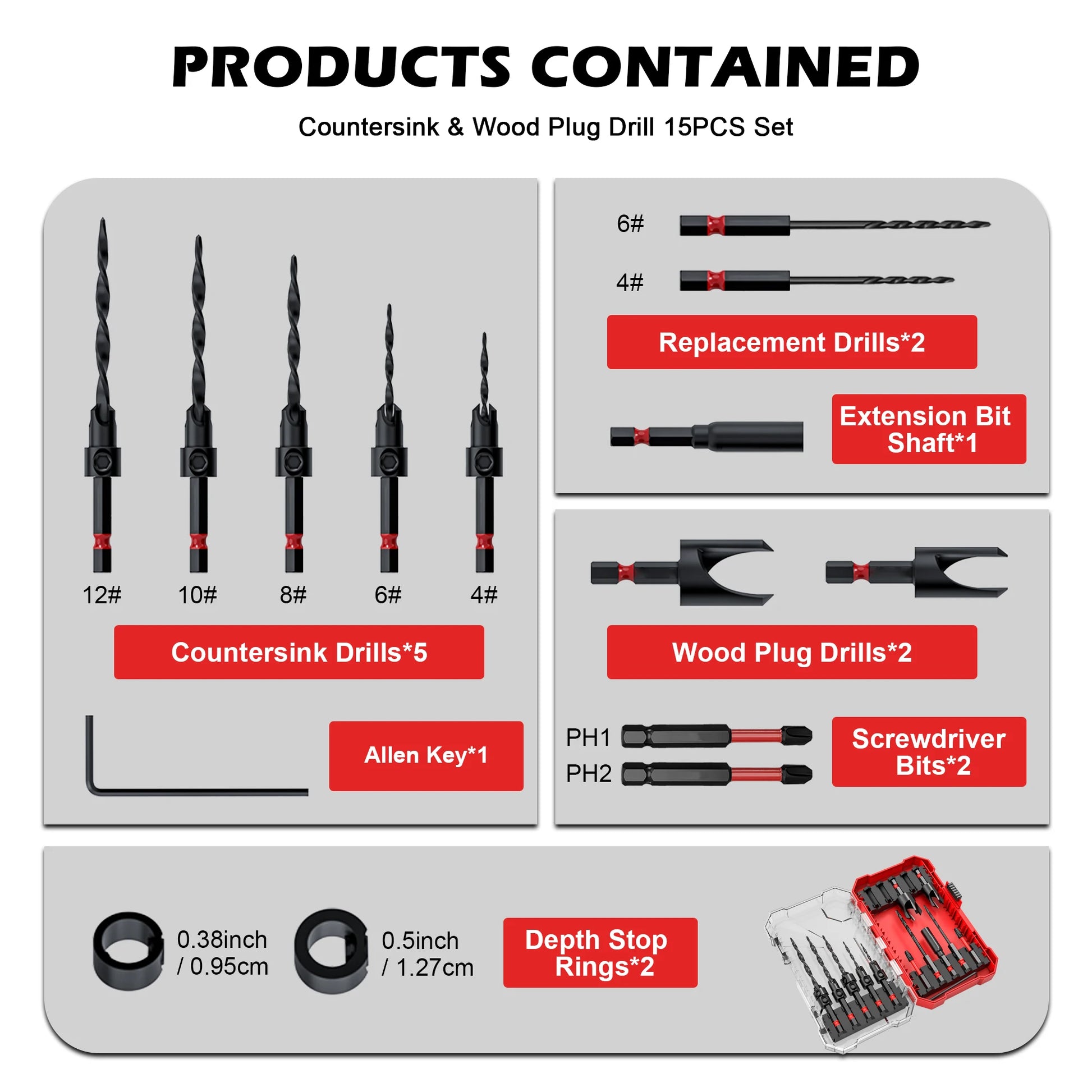 15 Piece Countersink Drill Bits Set, Tapered Drill Bits for Wood, With Phillips Screwdriver Bits, Extension Bit Shaft