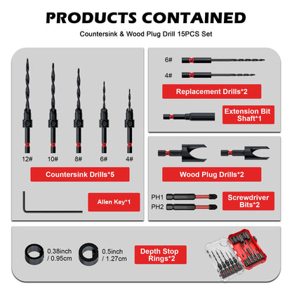 15 Piece Countersink Drill Bits Set, Tapered Drill Bits for Wood, With Phillips Screwdriver Bits, Extension Bit Shaft
