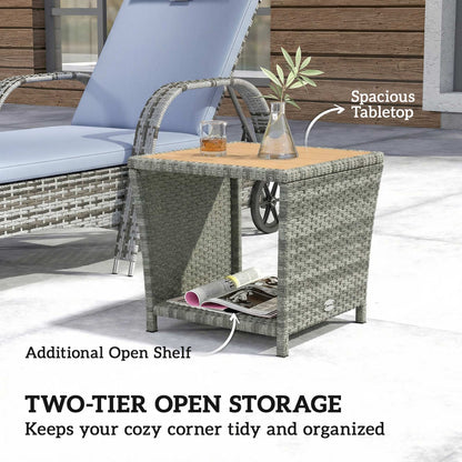 2-Tier Outdoor Rattan Side Table | PS Wood-Plastic Slat Top | PE Wicker | Powder-Coated Frame | UV-Resistant | 50kg | 45x45x43cm | Light Grey