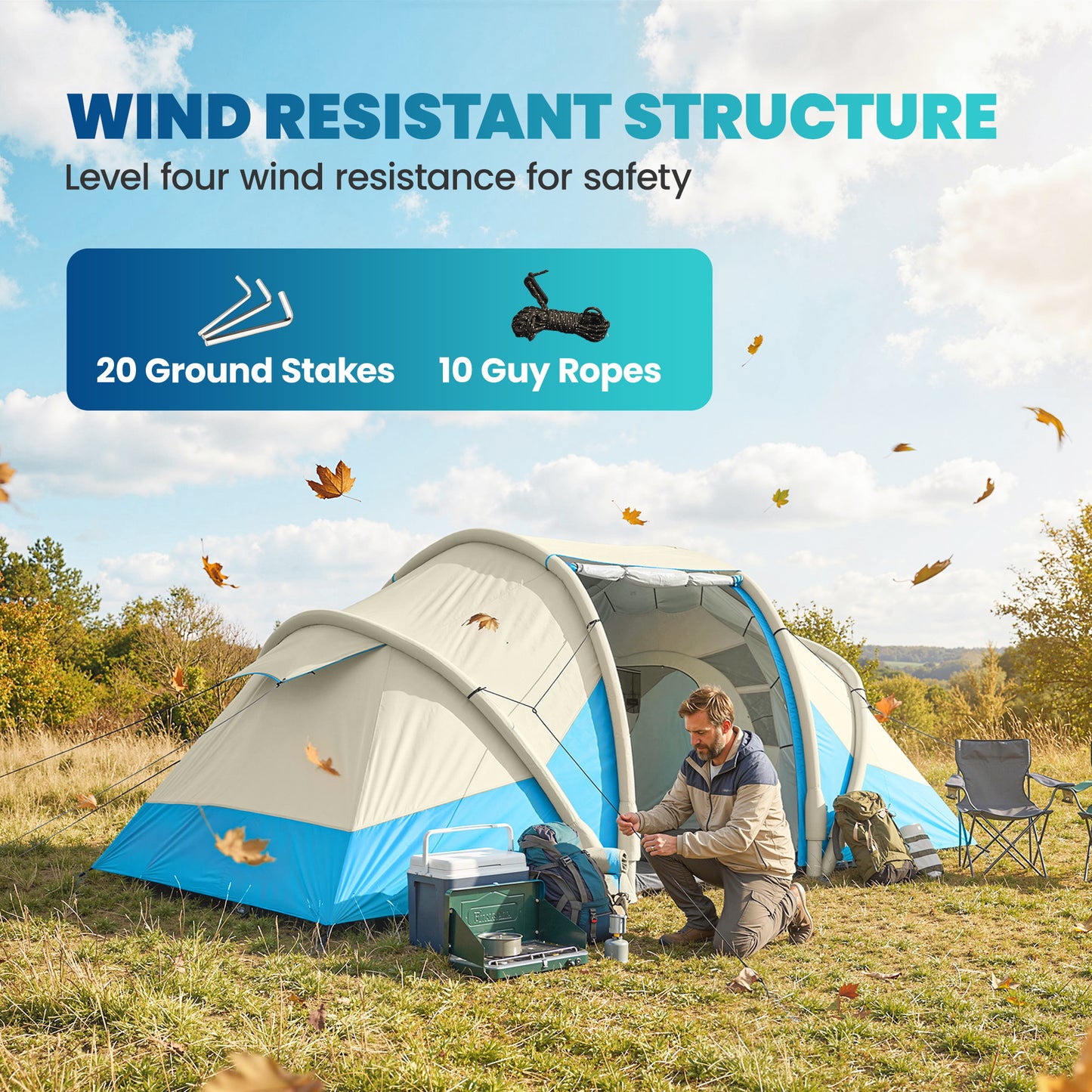 Outsunny Inflatable Tent 2 Bedroom 3000mm Waterproof Windproof Air Tent with Carry Bag for 2-4 Person
