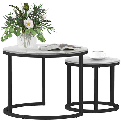 Glass Coffee Table Set of 2, Round Nest of Tables with Marble-Effect Tempered Glass Tabletop and Steel Frame, Side Tables for Living Room, White