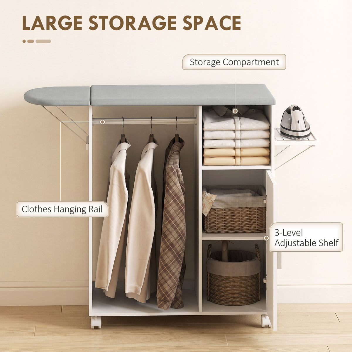 Rolling Ironing Board Cabinet | Folding Top, Clothes Rail & Adjustable Storage Shelf | Iron Holder, 4 Wheels & 2 Brakes | White/Grey