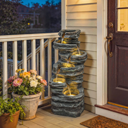 6-Tier Cascading Garden Water Fountain | LED Lights | Resin | Grey | 101.5cm