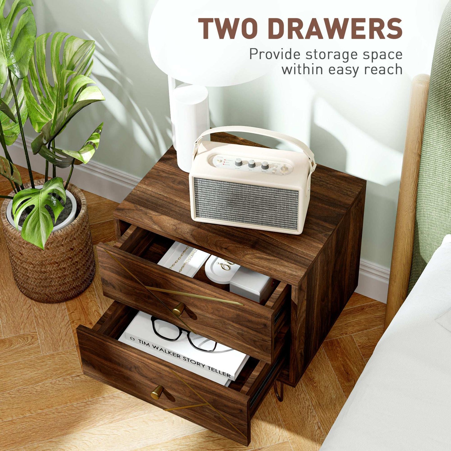 Bedside Tables Set of 2, Modern Side Table Set with 2 Drawers and Steel Hairpin Legs, Nightstand for Bedroom, Brown Wood Grain