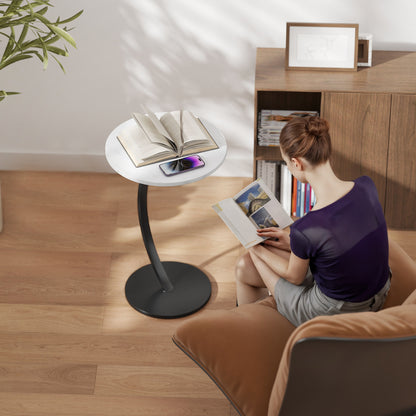 C Shaped Side Table, Round Bedside Table with Marble Effect Top, Modern Coffee Table Sofa End Table, White