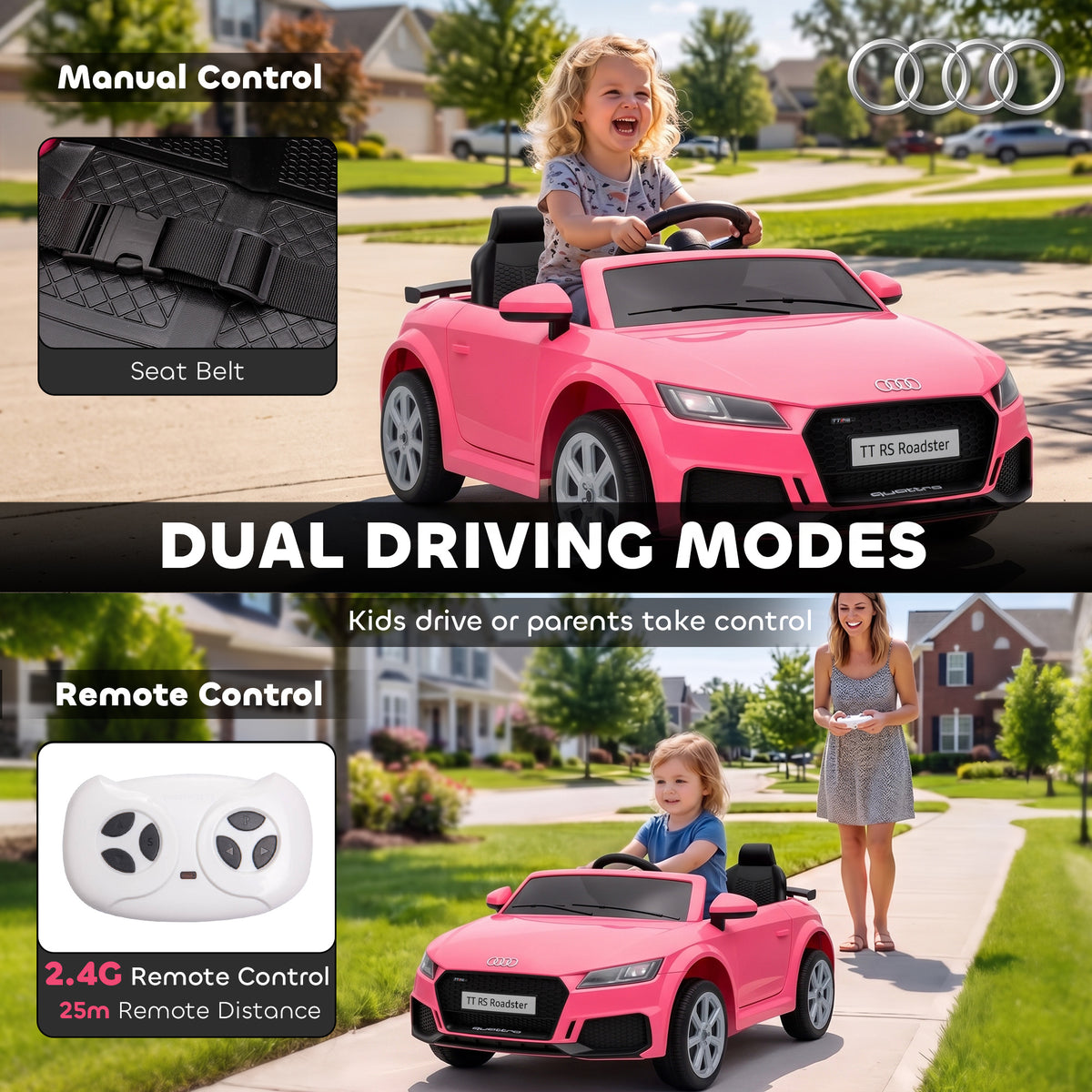AIYAPLAY Licensed Audi TT RS 12V Kids Ride-On Car | Parent Remote, Dual 25W Motors & 4-Wheel Suspension | Lights, Music & USB | Pink, Grey or Black | Ages 2–3