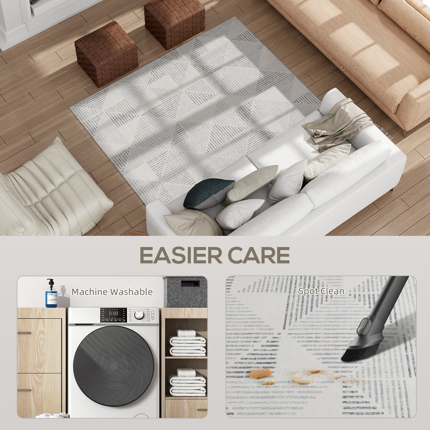 Modern Geometric Area Rug | Machine Washable | 100% Polyester Plush | TPR Non-Slip Backing | Foldable | 170x120cm | Grey | Living Room Bedroom Dining Room Home Office