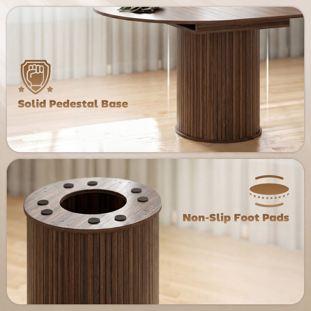 Extendable Dining Table | 110–150cm Round to Oval | Dark Walnut-Effect Finish & Fluted Pedestal Base | Hidden Extension Leaf Storage | Seats up to 6–8