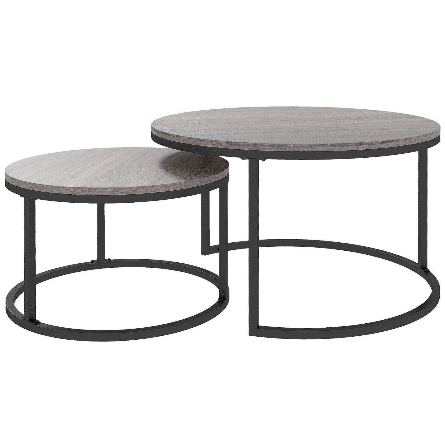 Industrial Nesting Coffee Table Set of 2, Round Coffee Tables, Living Room Table with Wood Effect Top and Steel Frame