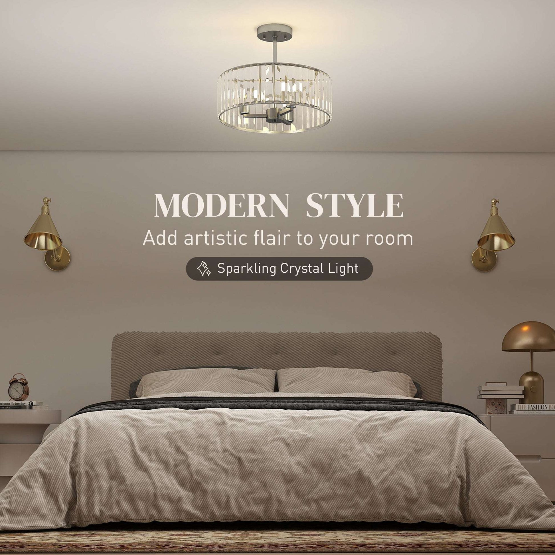 Set of 2 Crystal Ceiling Lights | Semi Flush Mount | 3-Light E14 | Modern Chandelier Style | Metal Frame | Clear Crystal Shade | Φ39x32cm | 40W AC220-240V | Silver Tone