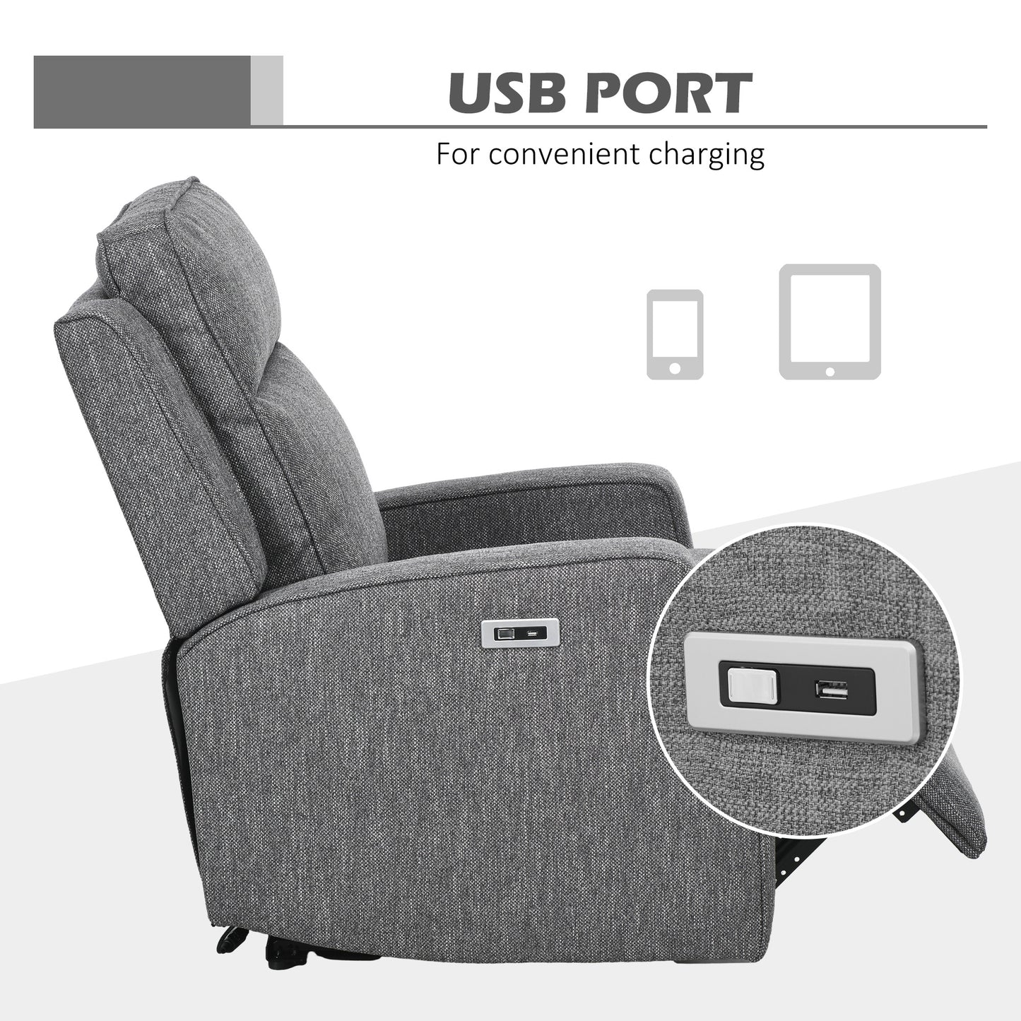 Electric Recliner Armchair, Recliner Chair with Adjustable Leg Rest, USB Port, Charcoal Grey