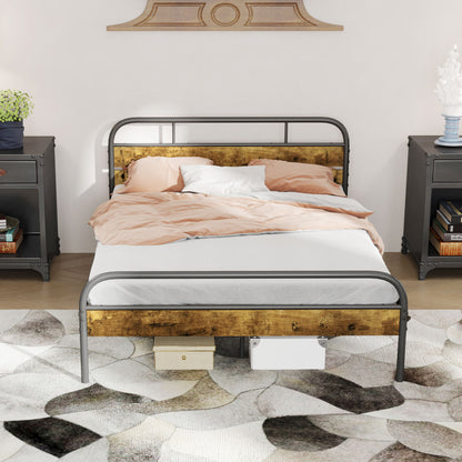Industrial-Style Double Bed Frame - Black/Brown