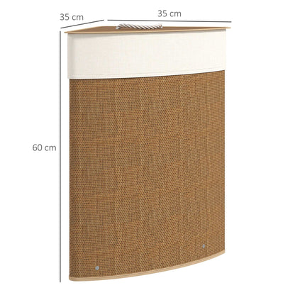 Bamboo Bathroom Triangle Laundry Basket with Lid, 55L Corner Hamper with Removable Washable Liner Bag, 35 x 35 x 60 cm, Brown