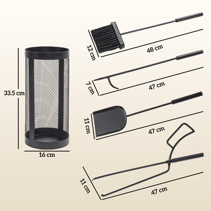 5-Piece Fireplace Tools Set | Mesh Basket | Broom | Shovel | Tongs | Poker | Indoor & Outdoor | Black