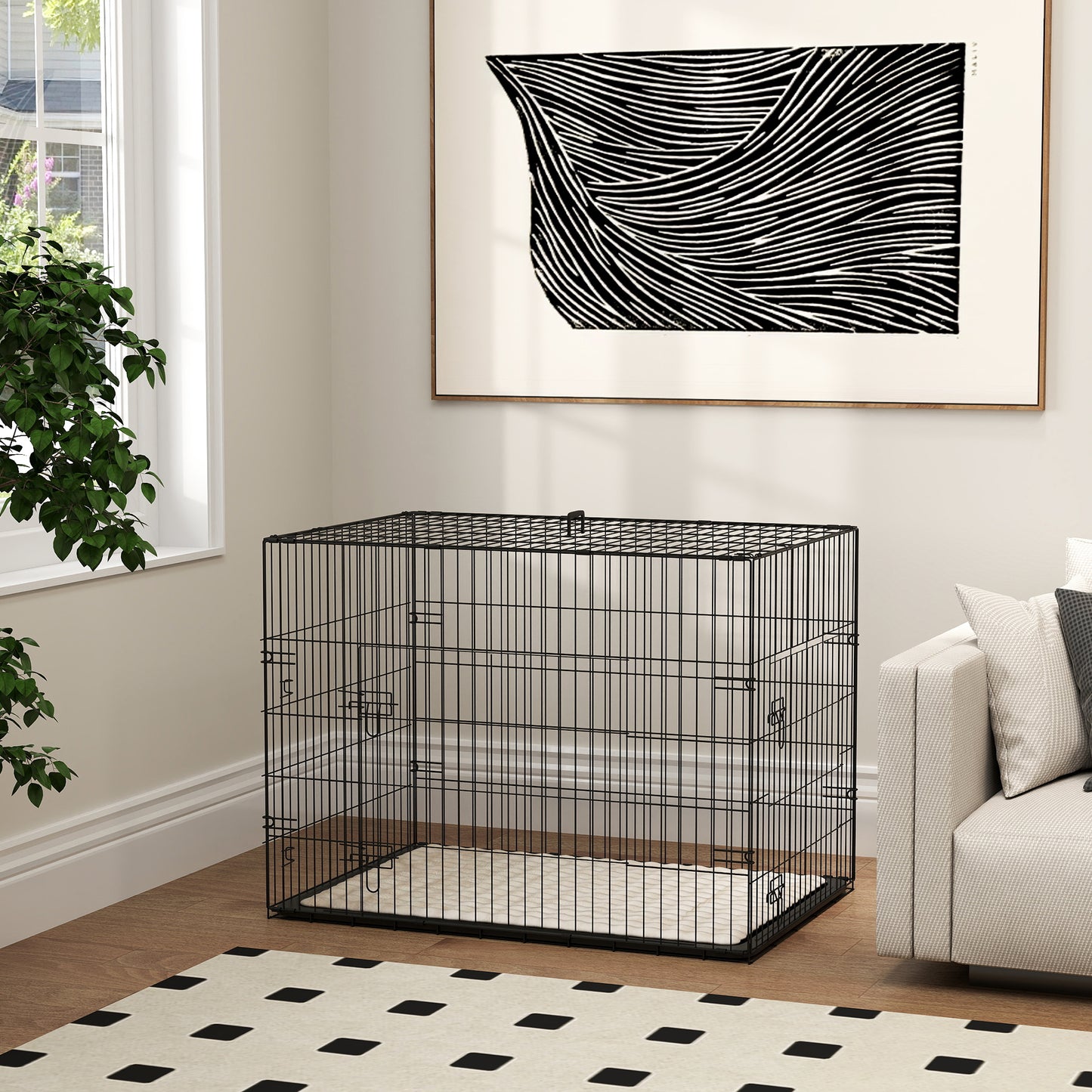 Foldable Dog Crate | 2 Doors | Soft Washable Cushion | Removable ABS Tray | Large Dogs up to 30kg | 91 x 62 x 68cm | Black