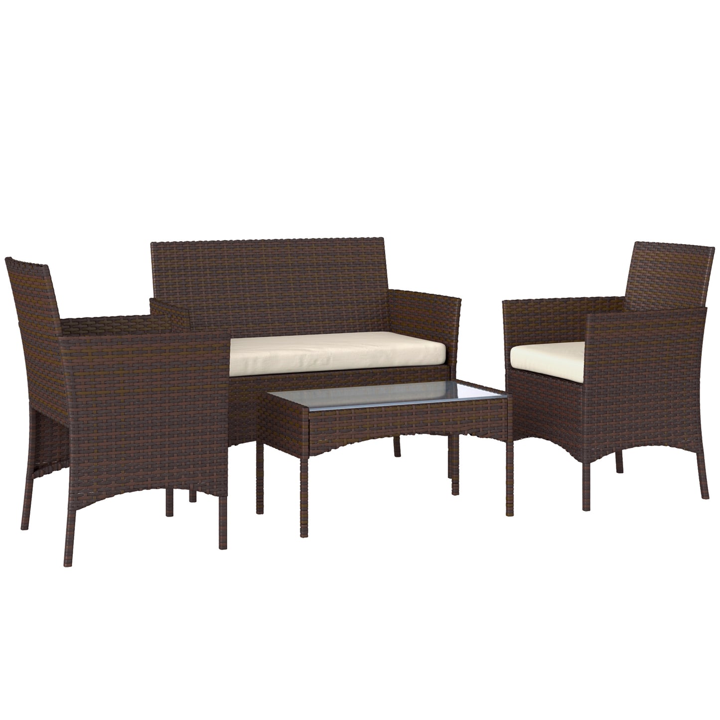 4-Piece PE Rattan Garden Sofa Set | Loveseat | 2 Armchairs | Tempered Glass Coffee Table | Powder-Coated Steel Frame | 2000h UV-Resistant PE Rattan | 5cm Zip Cushions | Protective Foot Pads | 240kg Loveseat Capacity | Brown