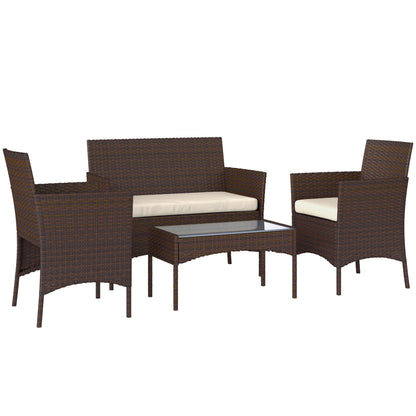 4-Piece PE Rattan Garden Sofa Set | Loveseat | 2 Armchairs | Tempered Glass Coffee Table | Powder-Coated Steel Frame | 2000h UV-Resistant PE Rattan | 5cm Zip Cushions | Protective Foot Pads | 240kg Loveseat Capacity | Brown