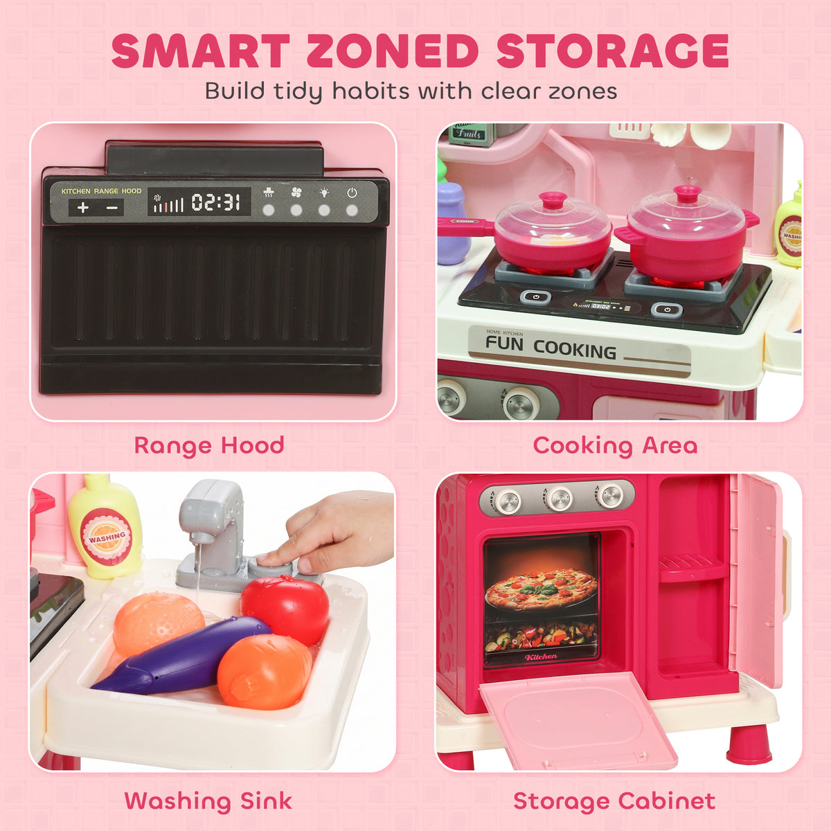 Kids Play Kitchen | Pink 33-Piece Pretend Cooking Set with Lights, Sounds & Water-Circulating Sink