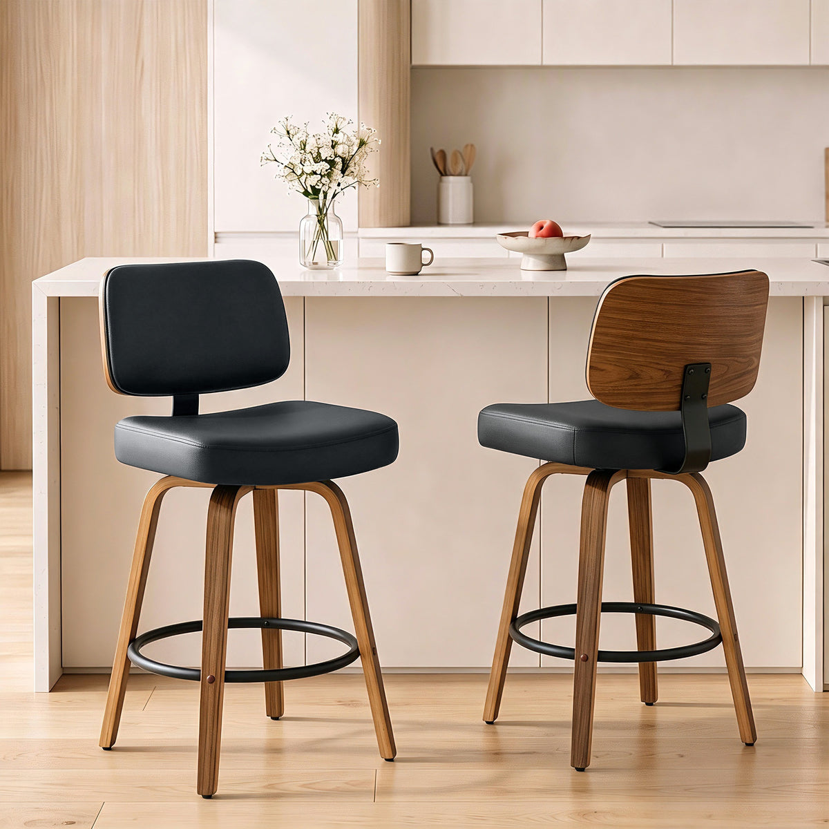 Bar Stools Set of 2 | 360° Swivel | 66cm Seat Height | 7.5cm Padded PU Seat | Curved Backrest | Steel Footrest | Poplar Wood Frame | Fire-Retardant Foam | 44x49x95cm | 120kg | Fits 89–99cm Bar Tables | Black