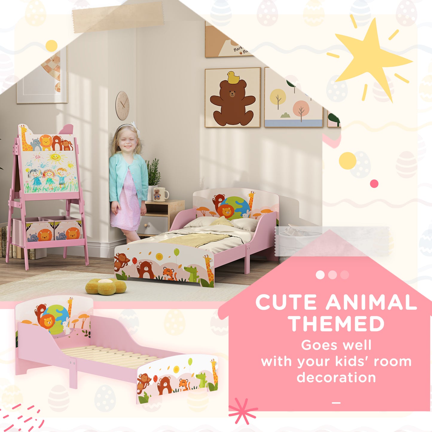 Cute Animal-Themed Toddler Bed w/ Safety Rails, 143 x 77 x 60cm