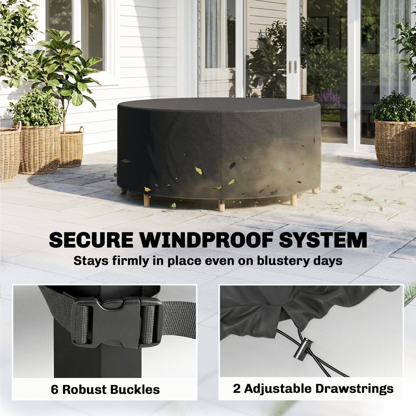 Round Garden Furniture Cover | 420D Oxford | UV30+ | Ø214x70cm | 4 Buckles & Drawstrings | Black