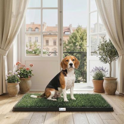 PawHut Dog Toilet Tray with 2 Artificial Grass Mats | Black & Green | PP PE | 76x50.5x3.5cm | 3-Layer Drainage System | Medium Dogs up to 50cm | Indoor Balcony Yard | No Assembly