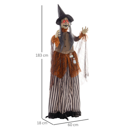 183 cm Life Size Halloween Animated Standing Fat-Faced Witch with Red Light Up Eyes, Sound Activated Moving Arms & Head, Scary Witch Halloween Decorations, Battery Operated, Indoor Party Props
