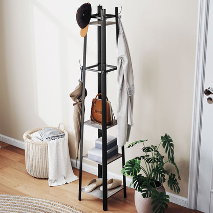 Industrial Coat Stand with 8 Hooks and 4 Shelves - Grey / Rustic Brown