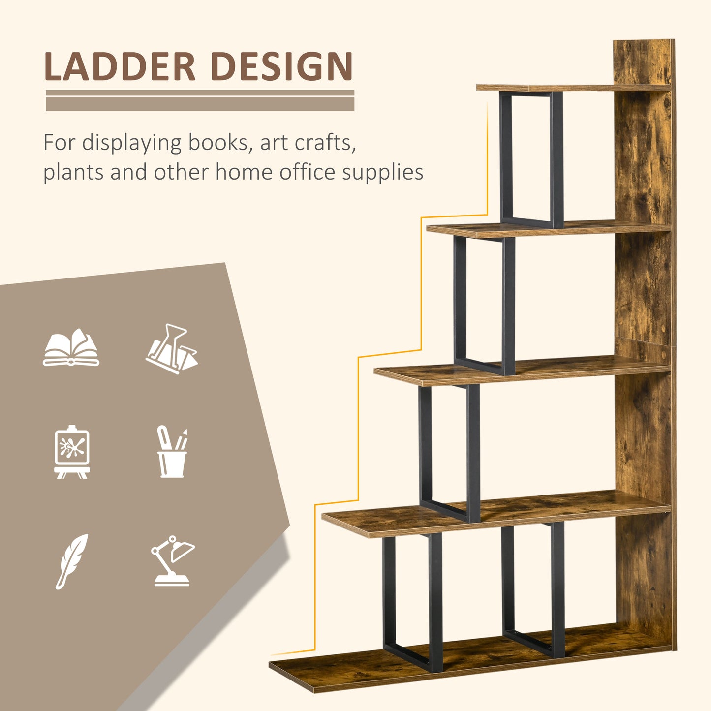 5-Tier Ladder Bookcase & Display Shelf | Anti-Tip | 80kg | Rustic Brown | 102x30x160cm