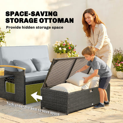 3-in-1 Rattan Garden Daybed | Loveseat to Daybed | Storage Ottoman | 5-Level Adjustable Backrest | 2 Foldable Side Tables | Wood-Effect Armrests | Triple-Strand PE Rattan | 320kg | Dark Grey