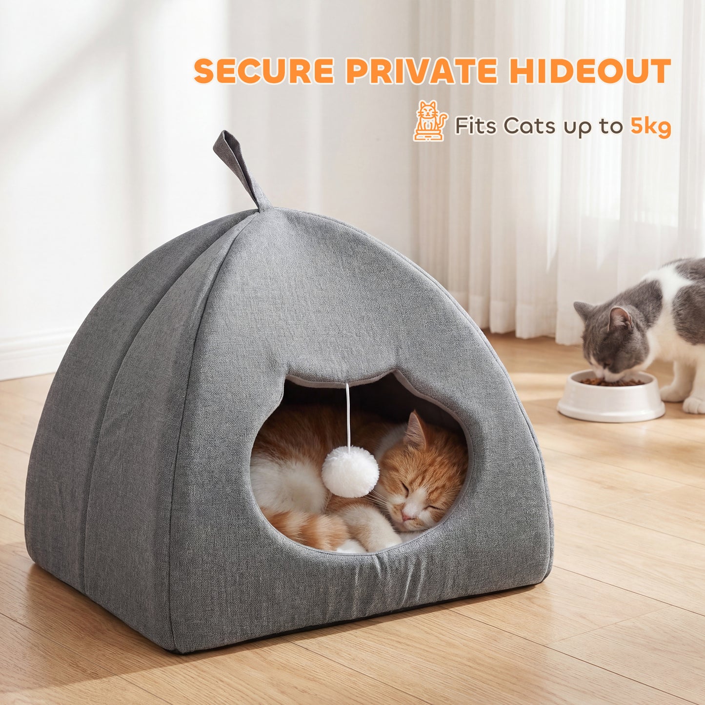 Cat Cave Bed & Cat House | Reversible All-Season Cushion | Teaser Ball | Cat-Shaped Entrance | Anti-Slip Base | 42x42x39cm | Suits Cats to 5kg | Grey