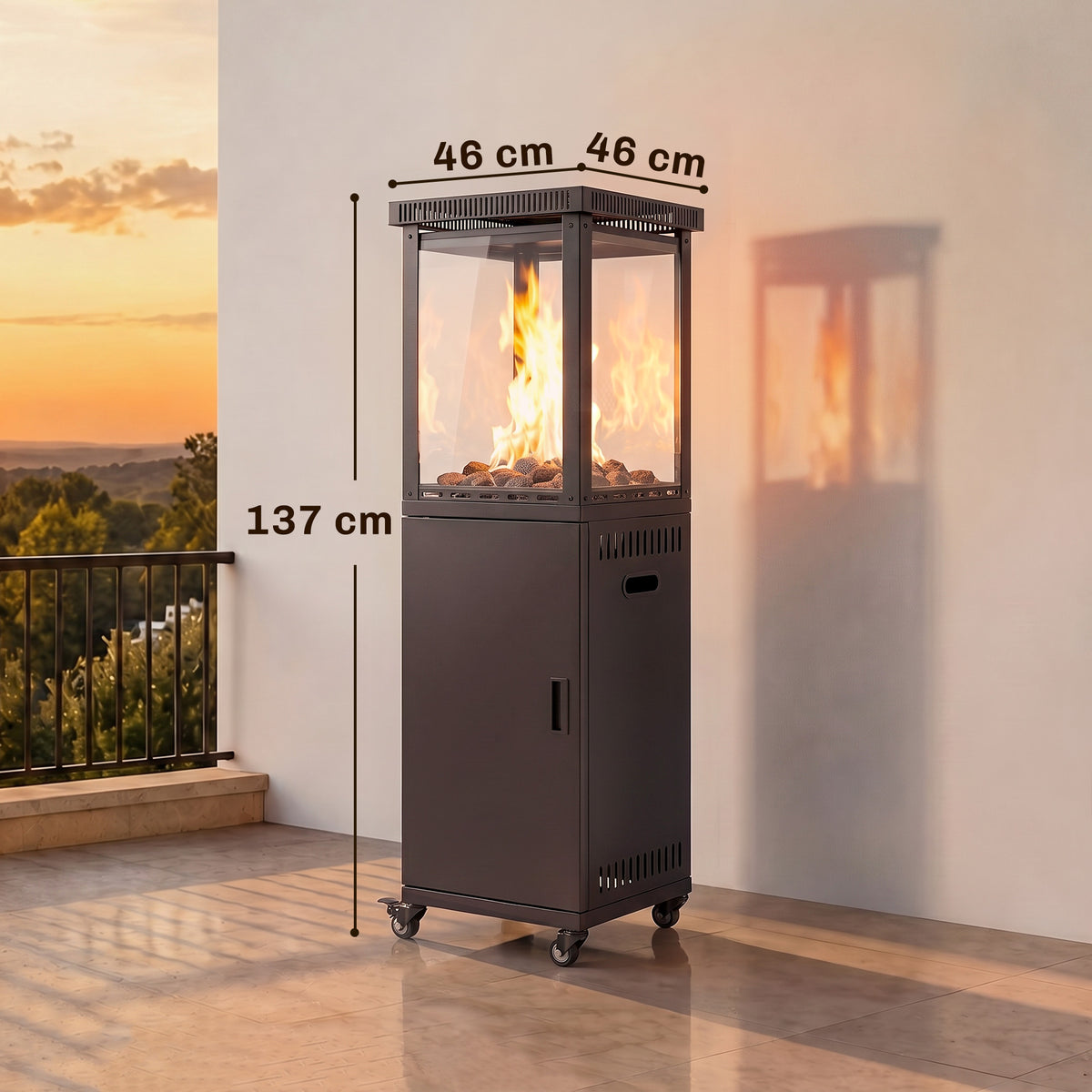 13kW Gas Patio Heater | Propane & Butane | Stepless Control | Piezo Ignition | Tempered Glass Wind Guard | 45° Tilt Shut-Off | Lava Rocks | 4 Wheels (2 Lockable) | 30m² | 46x46x137cm | Black