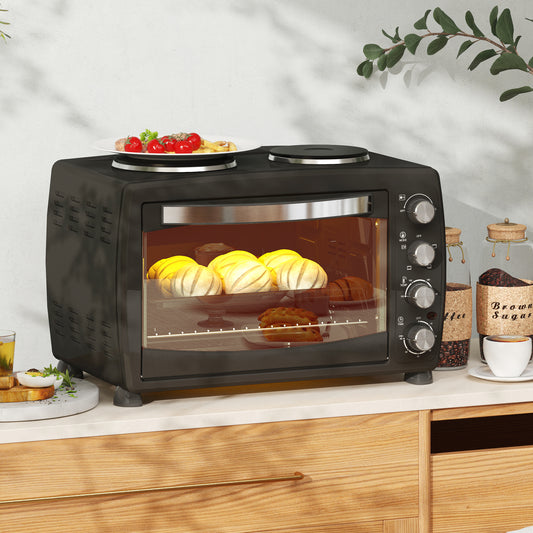 36L Small Oven with 2 Hot Plates, Countertop Toaster Oven, Grill, Roast, Bake, Boil, W/ Timer, Adjustable Temperature, Electric Oven W/ Grill Rack