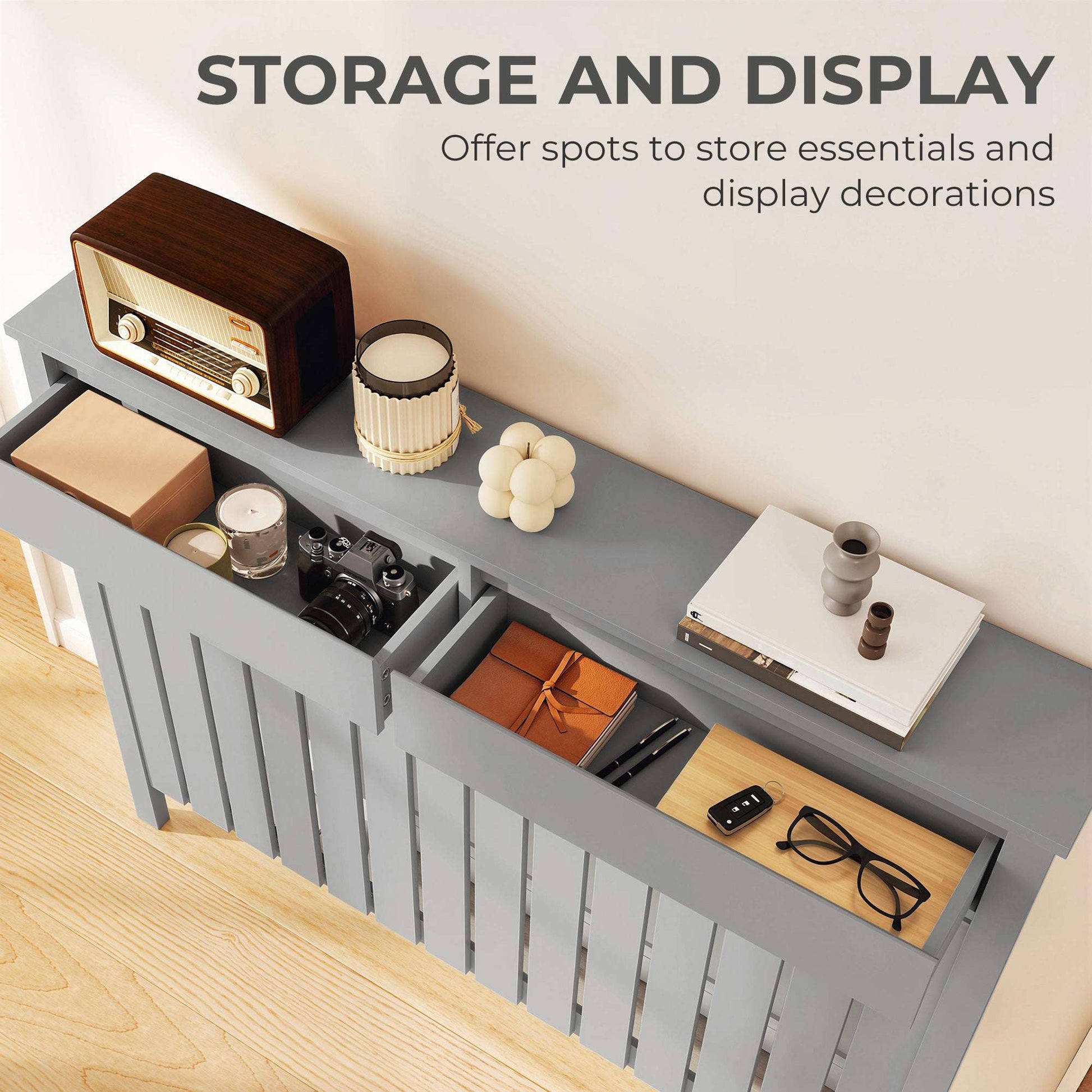 MDF & Particle Board Radiator Cover with 2 Drawers | Vertical Slats | Flat Top Display Surface | Wall Mountable | Pre-Cut Outs | 18kg Capacity | 119x19x93cm | Grey