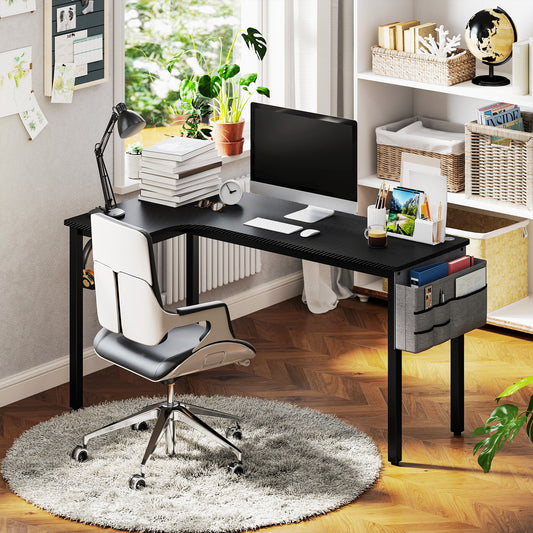 L-Shaped Computer Gaming Desk with Fabric Bag, Hooks and Cable Management, 145 x 81 x 76cm - Black
