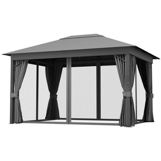 Outsunny 4 x 3(m) Patio Gazebo Canopy, with Vented Roof, Netting, Curtains, Aluminium Frame, Grey