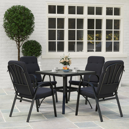 Outsunny 5 Piece Outdoor Square Garden Dining Set w/ Tempered Glass Dining Table 4 Cushioned Armchairs, Umbrella Hole, Black