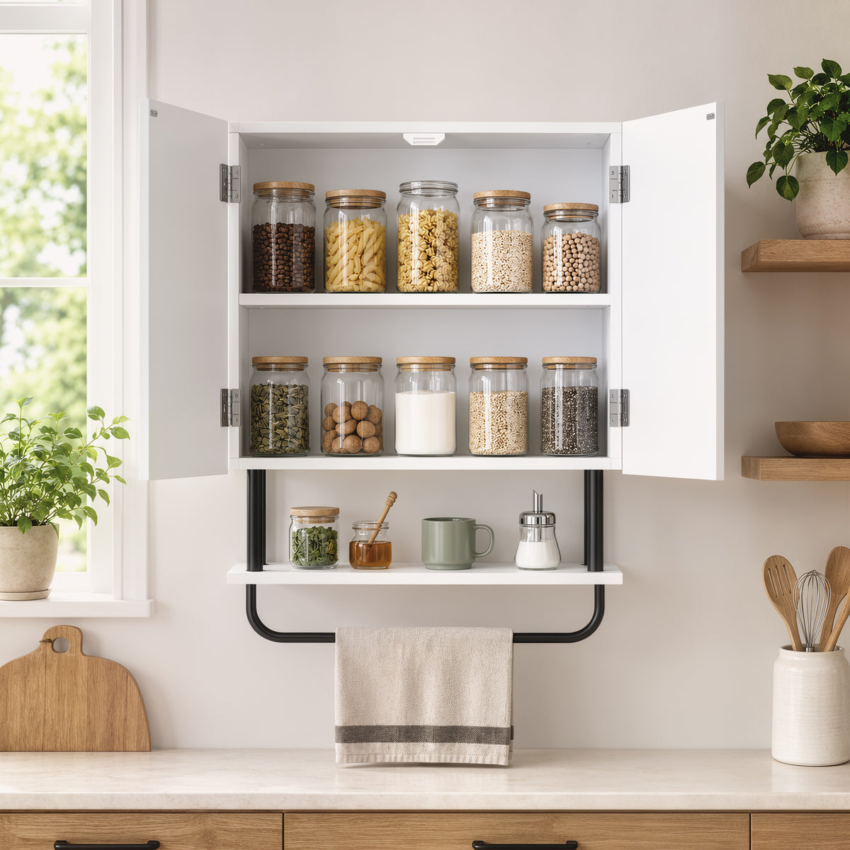 Bathroom Wall Cabinet | Double Doors | Open Shelf & Towel Rail | Wavy Door Style | Humidity-Resistant Painted MDF | 49 x 18 x 66cm | 30kg Capacity | Space-Saving Wall-Mounted | White
