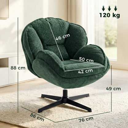 Modern Wingback Accent Chair, Velvet Armchair with Four-Star Base, S-Springs, 360° Swivel, Dark Green
