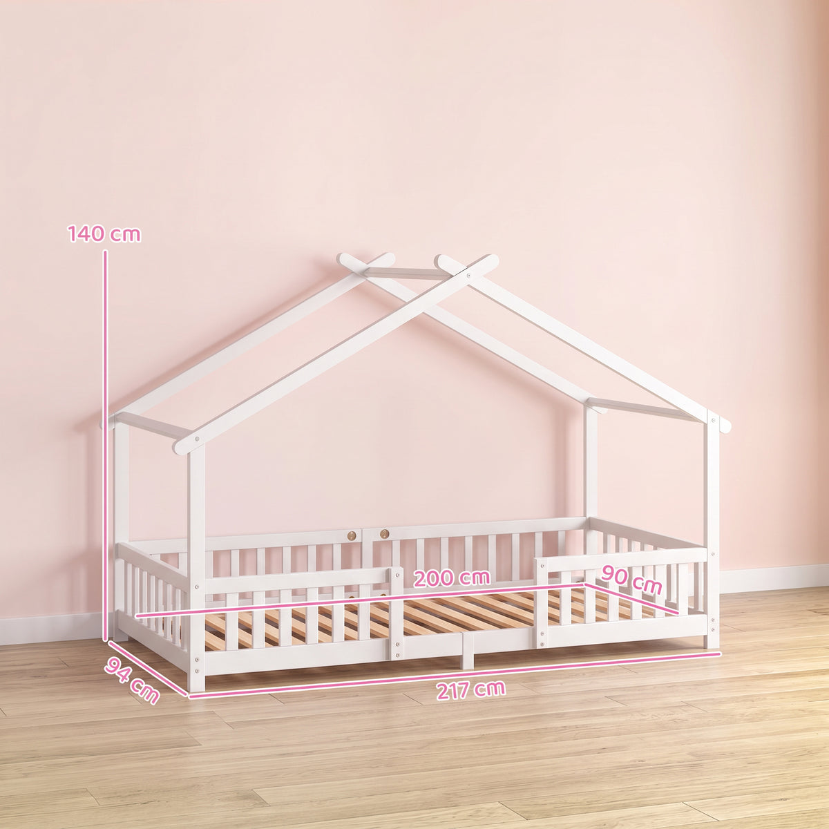 Kids House Single Bed Frame | Solid Pine Wood | House-Shaped Roof Design | Dual Guardrails | 5.5cm Low Floor Height | Fits 200x90cm Mattress | Max 110kg | 217x94x140cm | White or Pink