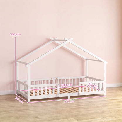 Kids House Single Bed Frame | Solid Pine Wood | House-Shaped Roof Design | Dual Guardrails | 5.5cm Low Floor Height | Fits 200x90cm Mattress | Max 110kg | 217x94x140cm | White or Pink