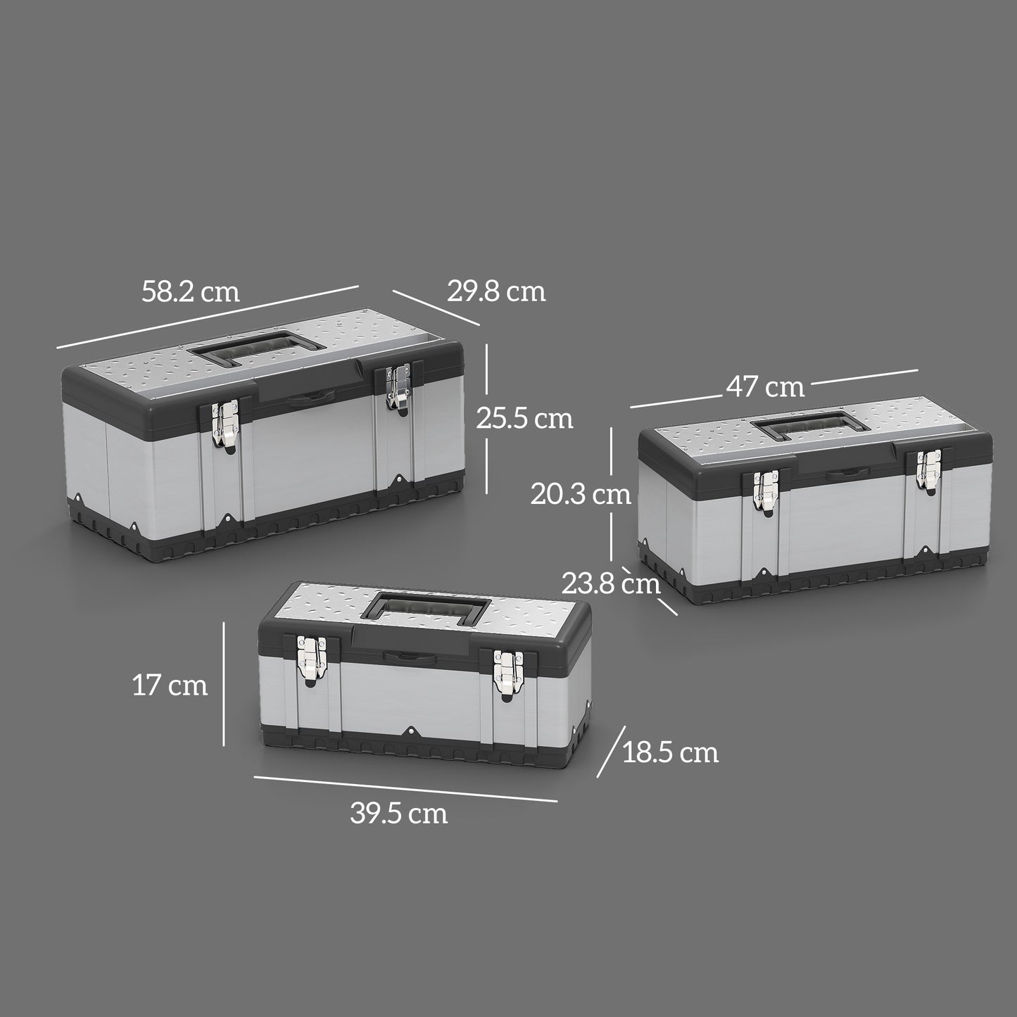 3 Pieces Stainless Steel Toolbox Set, 23"/ 19"/ 16"