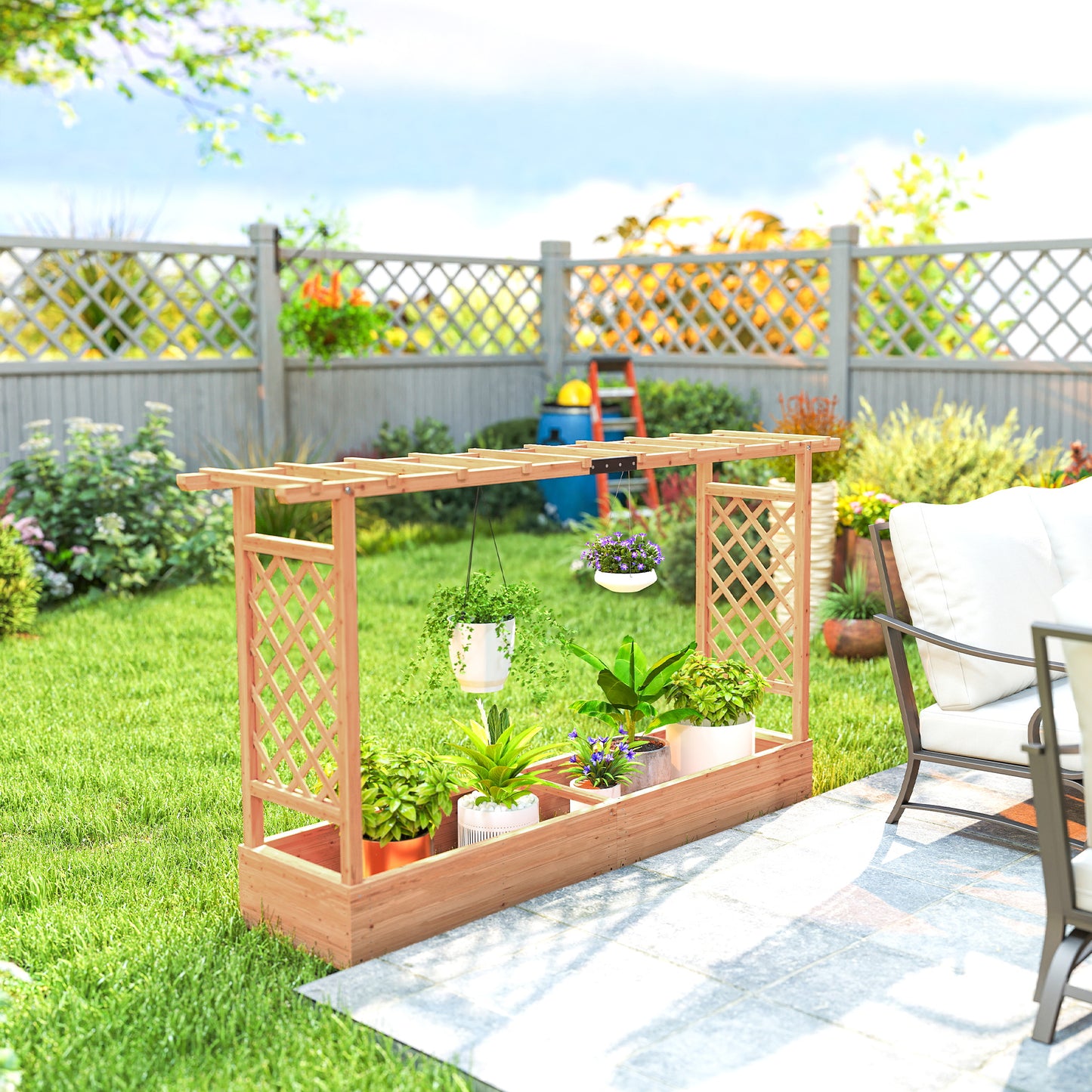 Wooden Raised Planter with Trellis & Hanging Roof Rails | Fir Wood | 2 Side Trellises | 8 Drainage Holes | 175x39cm Bed | 10kg Max | 200x44x113.5cm | Natural Wood Finish